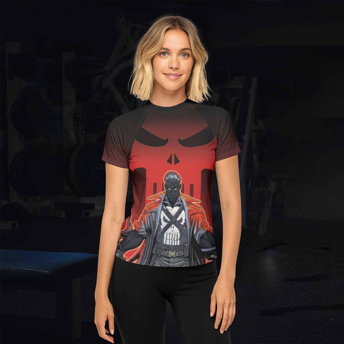 The Punisher Red Frank Castle Women's Rash Guard Short Sleeve - lifestyle view