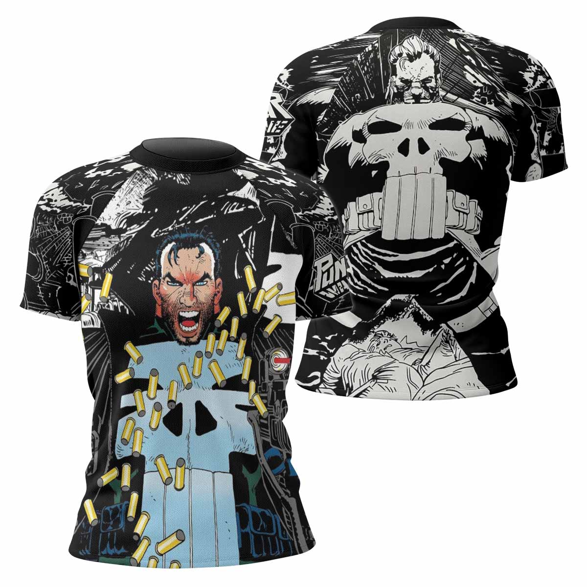 Punisher Bullet Storm Frank Castle Women's Rash Guard Short Sleeve - front and back view