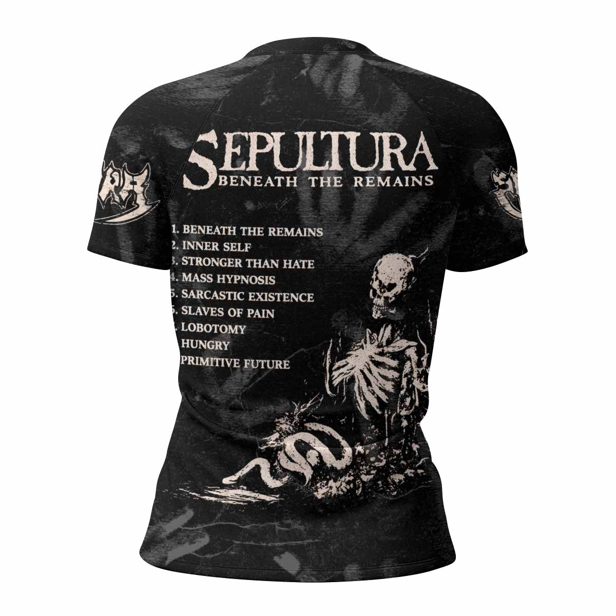 Sepultura Beneath the Remains Women's Rash Guard Short Sleeve - back view mockup