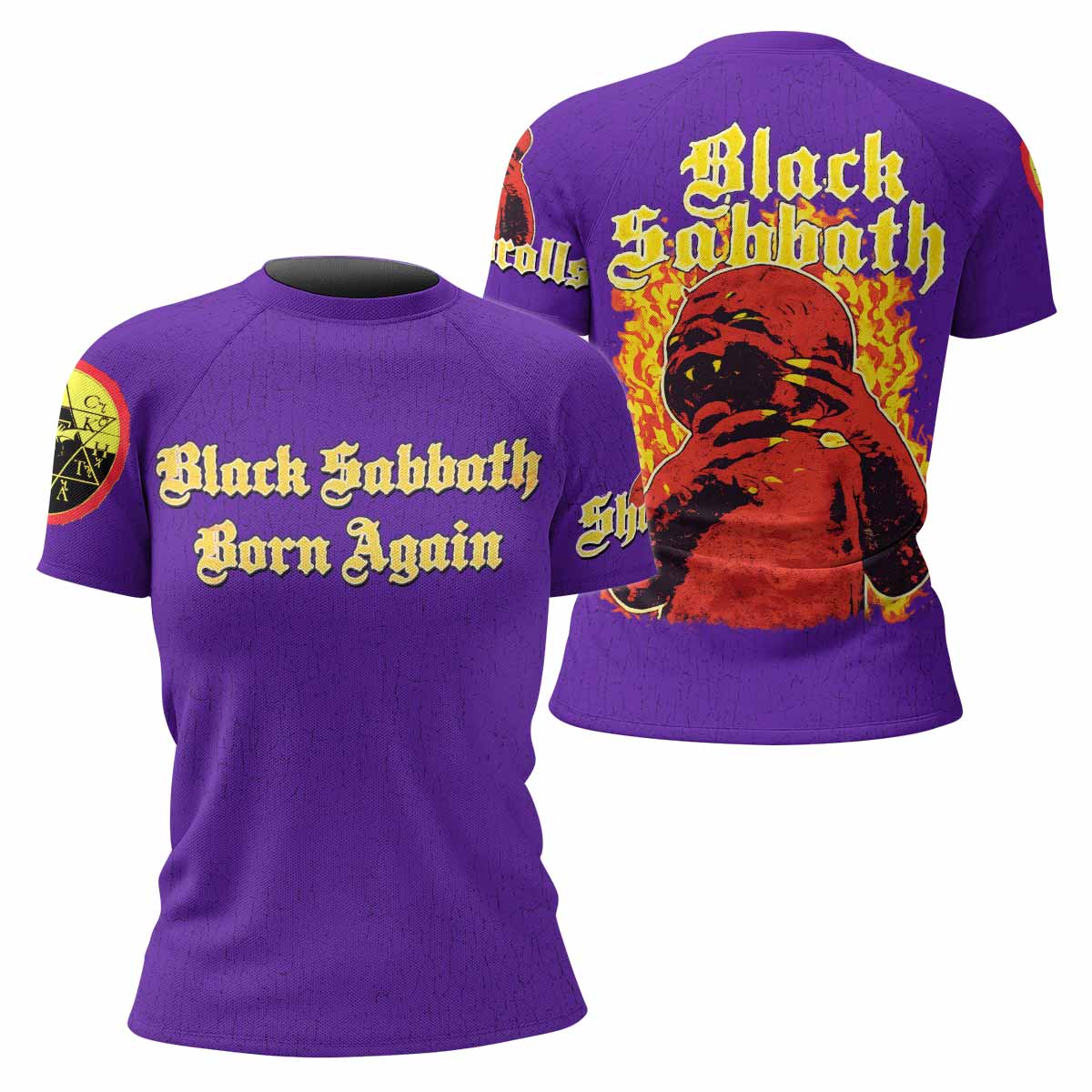 Born Again Black Sabbath Women's Rash Guard Short Sleeve - front and back view