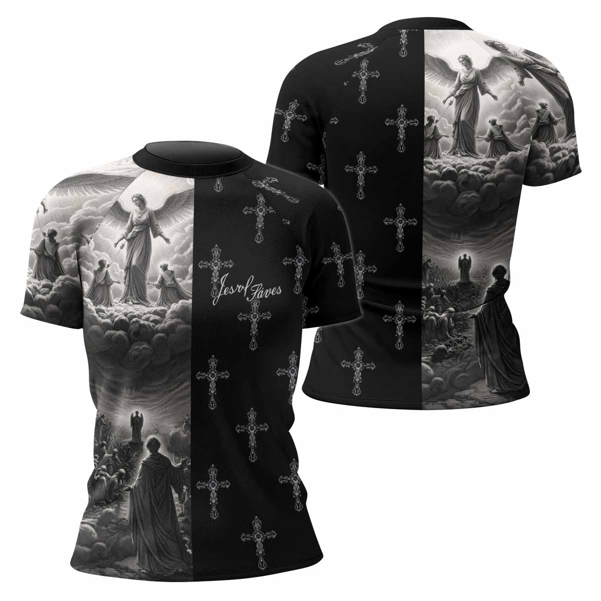 Jesus Saves Angel Ascension Women's Rash Guard Short Sleeve - front and back view