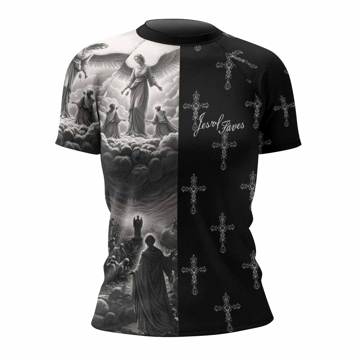 Jesus Saves Angel Ascension Women's Rash Guard Short Sleeve - front view mockup