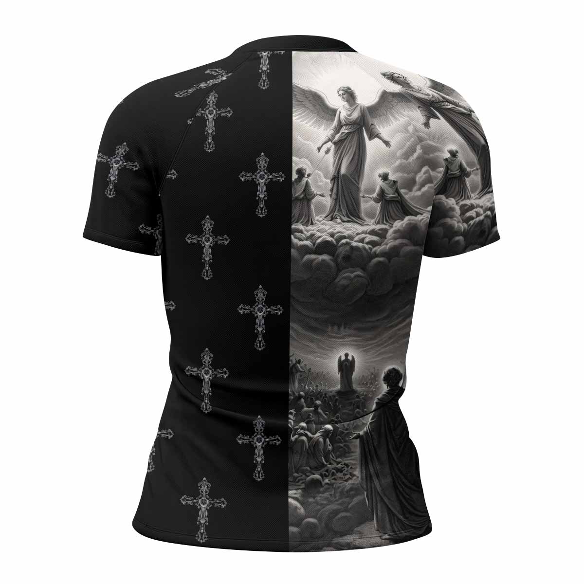 Jesus Saves Angel Ascension Women's Rash Guard Short Sleeve - back view mockup