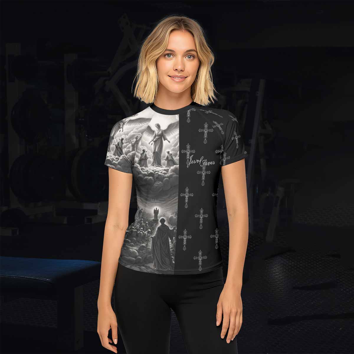 Jesus Saves Angel Ascension Women's Rash Guard Short Sleeve - lifestyle view