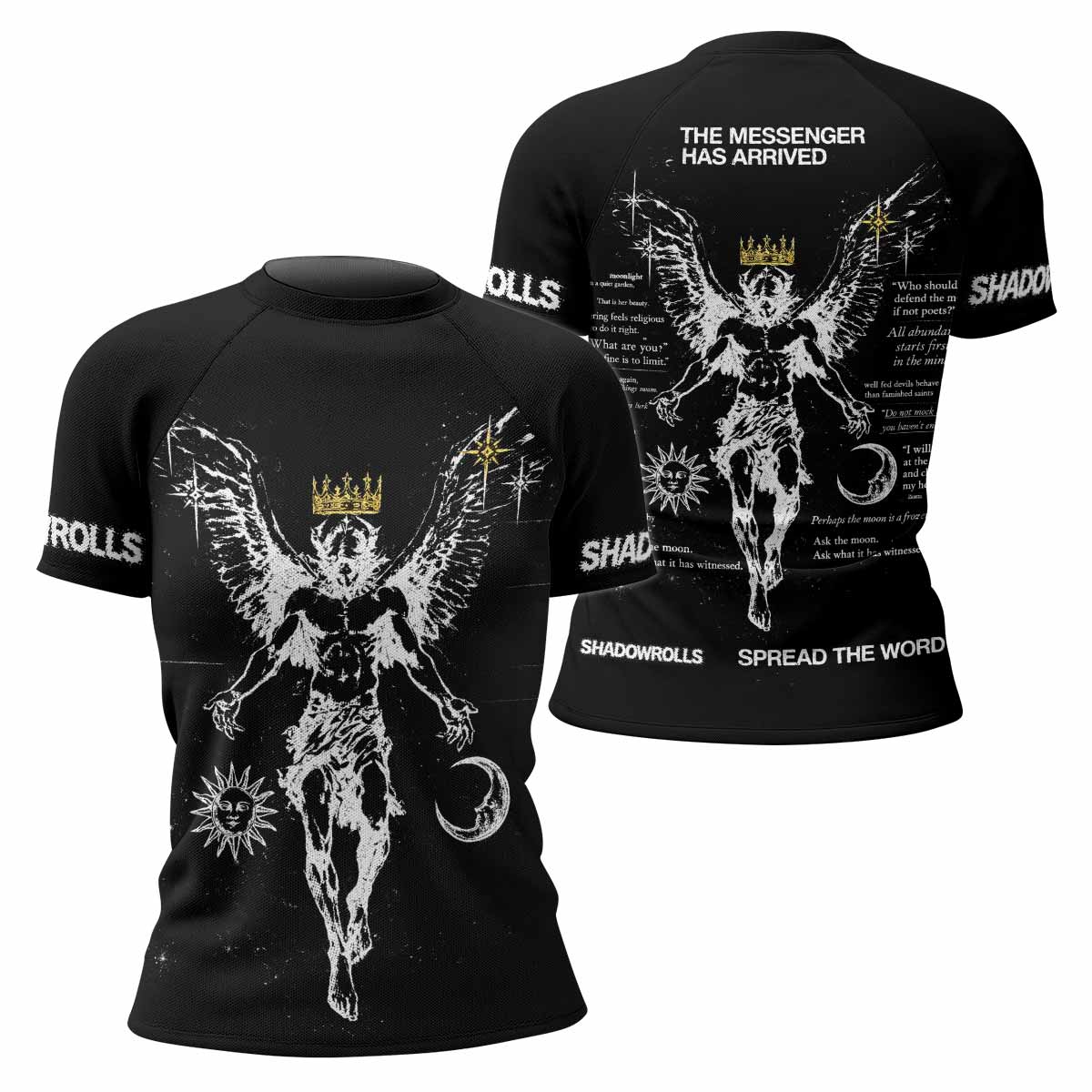 The Messenger Has Arrived Black Women's Rash Guard Short Sleeve - front and back view