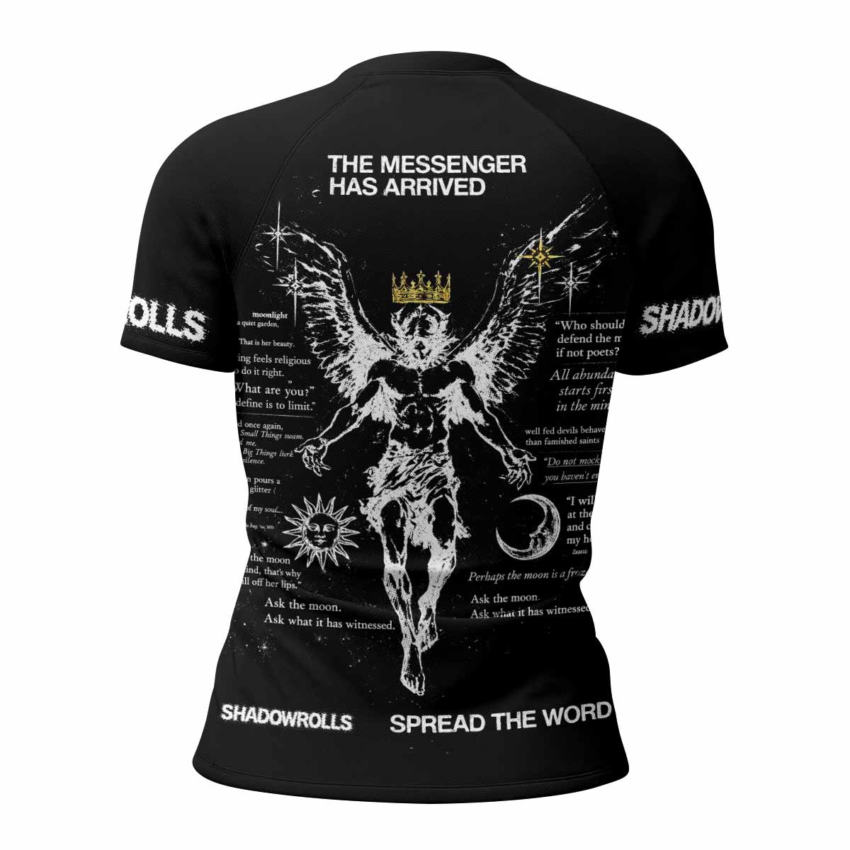 The Messenger Has Arrived Black Women's Rash Guard Short Sleeve - back view mockup