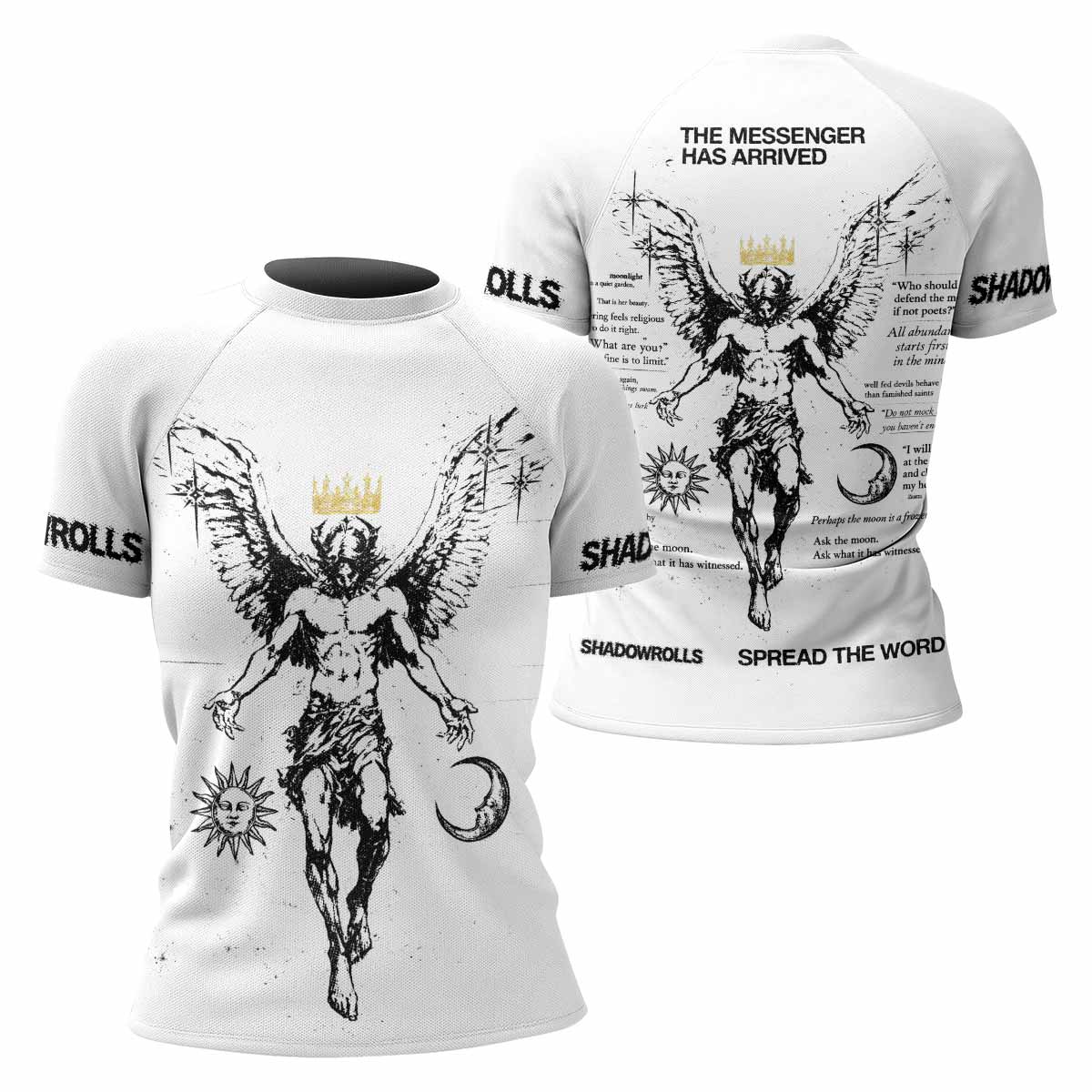 The Messenger Has Arrived White Women's Rash Guard Short Sleeve - front and back view