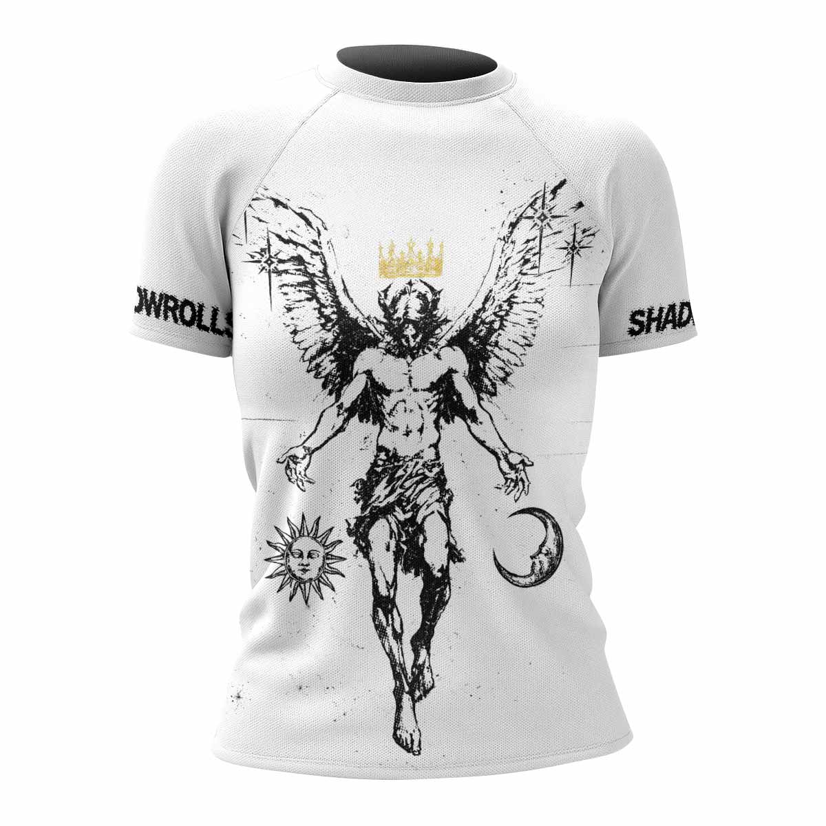 The Messenger Has Arrived White Women's Rash Guard Short Sleeve - front view mockup