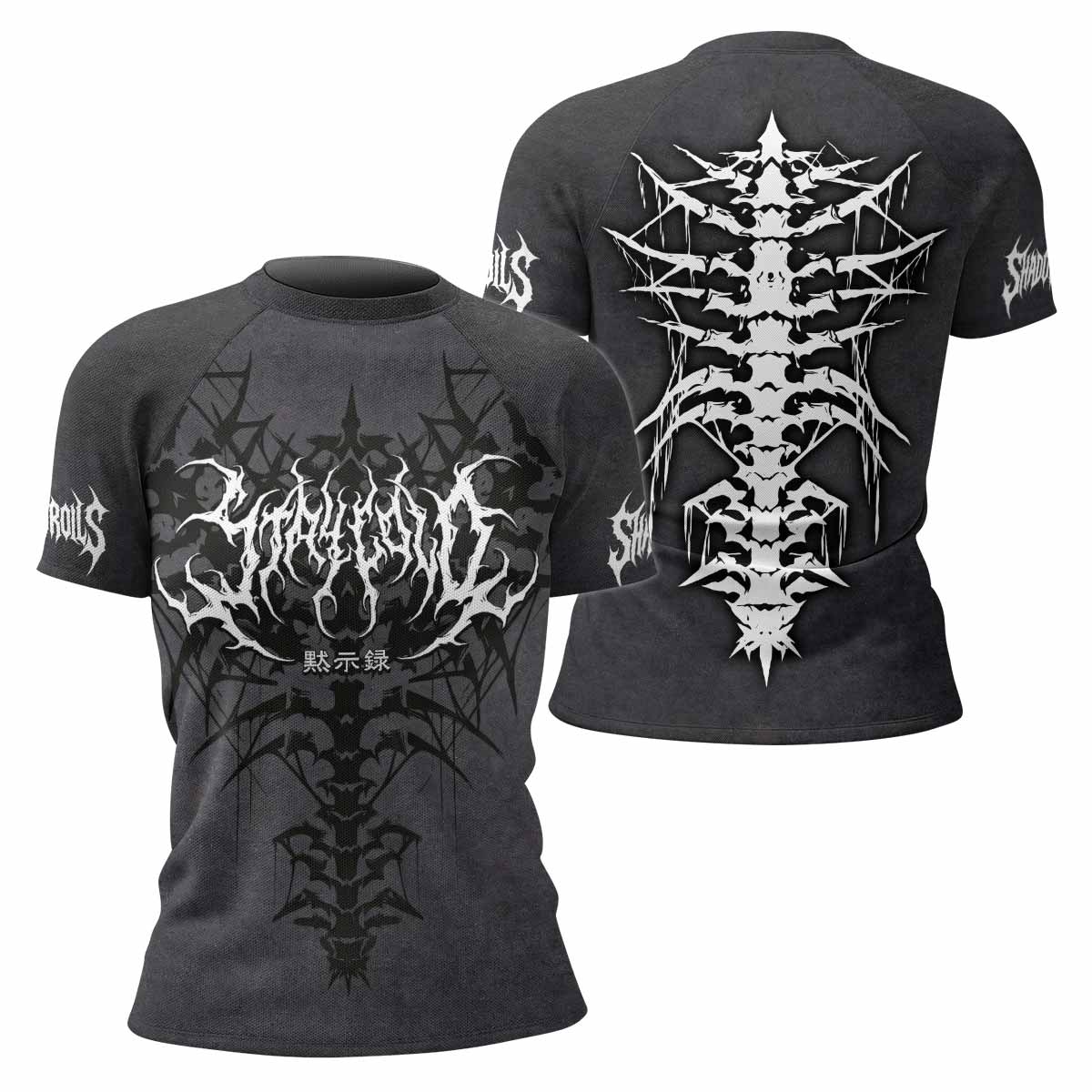 Black Metal Gothic Spine Women's Rash Guard Short Sleeve - front and back view