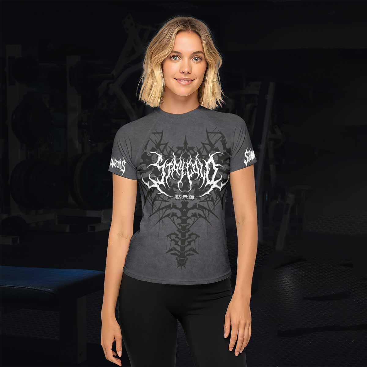 Black Metal Gothic Spine Women's Rash Guard Short Sleeve - lifestyle view