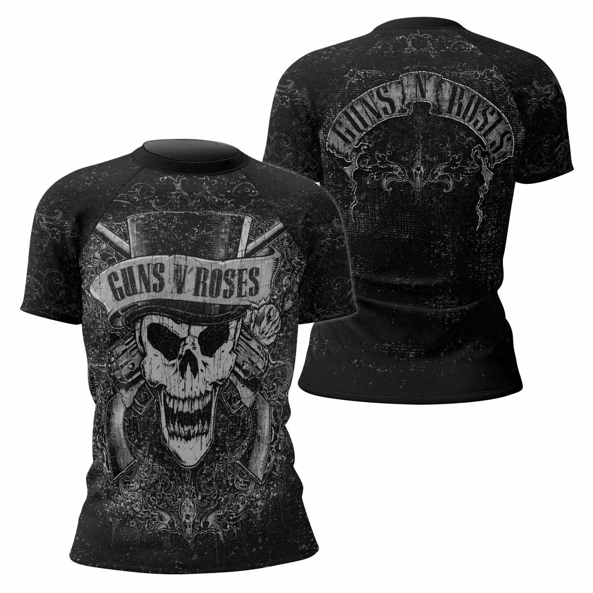 Guns N' Roses Skull Women's Rash Guard Short Sleeve - front and back view