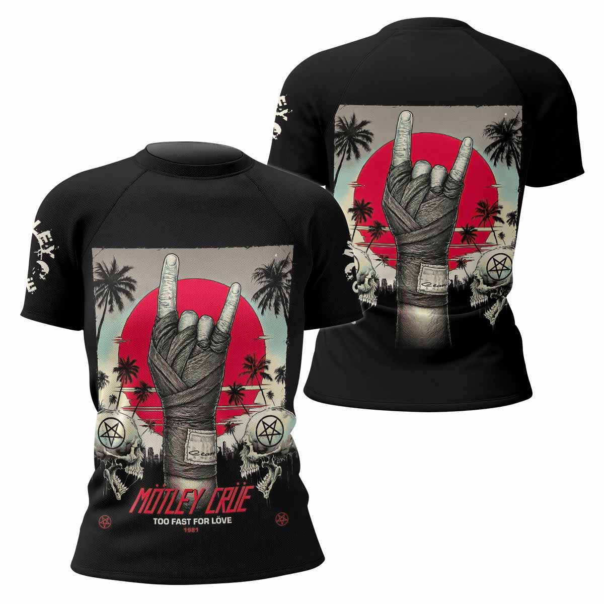 Mötley Crüe Too Fast for Love Women's Rash Guard Short Sleeve - front and back view