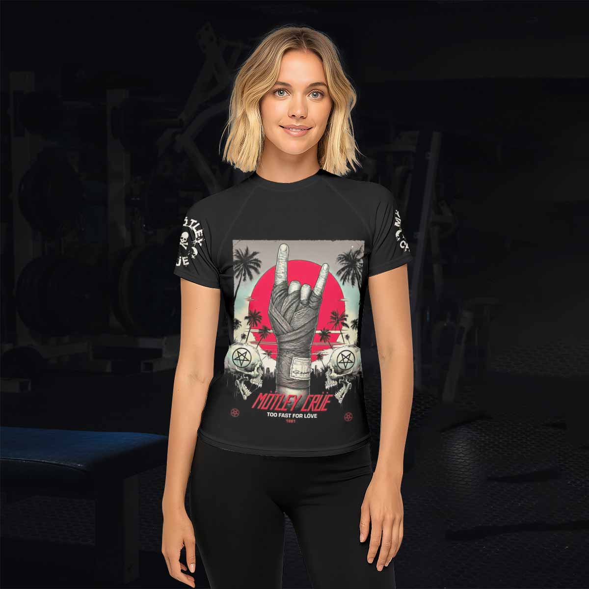 Mötley Crüe Too Fast for Love Women's Rash Guard Short Sleeve - lifestyle view