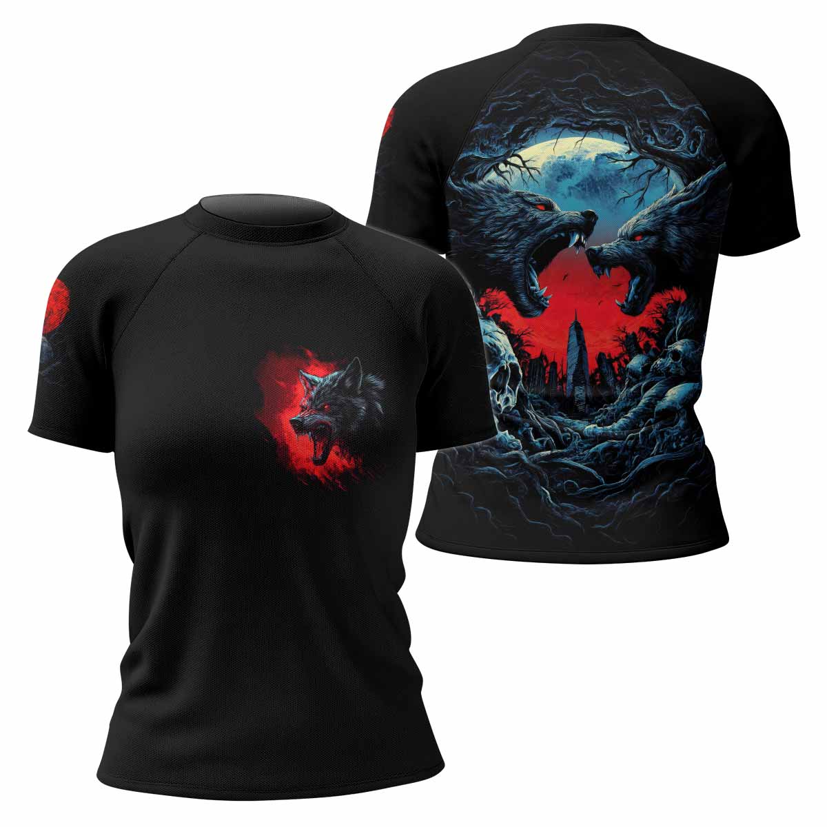 Twin Wolf Apocalypse Women's Rash Guard Short Sleeve - front and back view