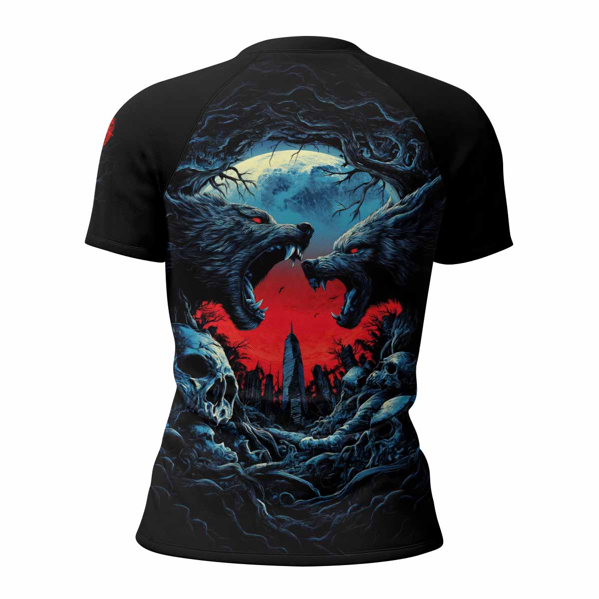 Twin Wolf Apocalypse Women's Rash Guard Short Sleeve - back view mockup