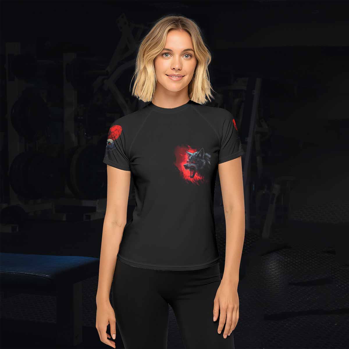 Twin Wolf Apocalypse Women's Rash Guard Short Sleeve - lifestyle view