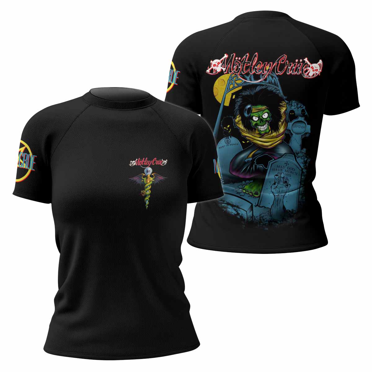 Mötley Crüe Dr. Feelgood Women's Rash Guard Short Sleeve - front and back view