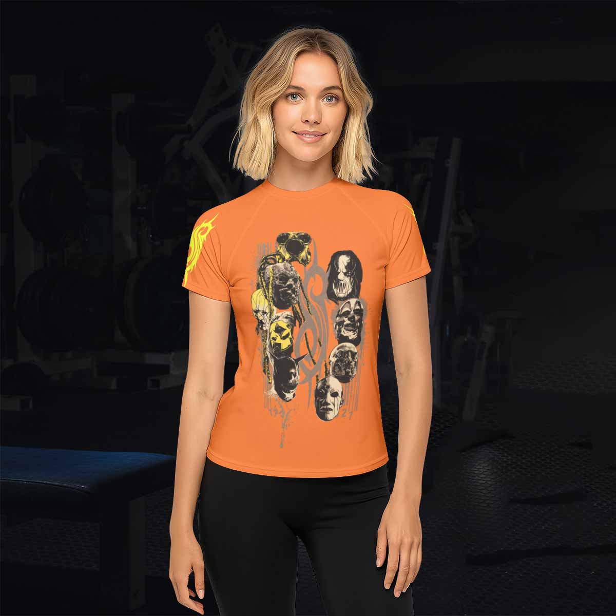 Slipknot Splatter Orange Women's Rash Guard Short Sleeve - lifestyle view