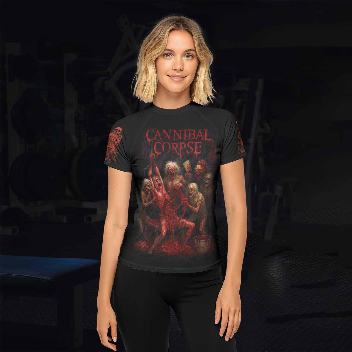 Butchered at Birth Cannibal Corpse Women's Rash Guard Short Sleeve - lifestyle view