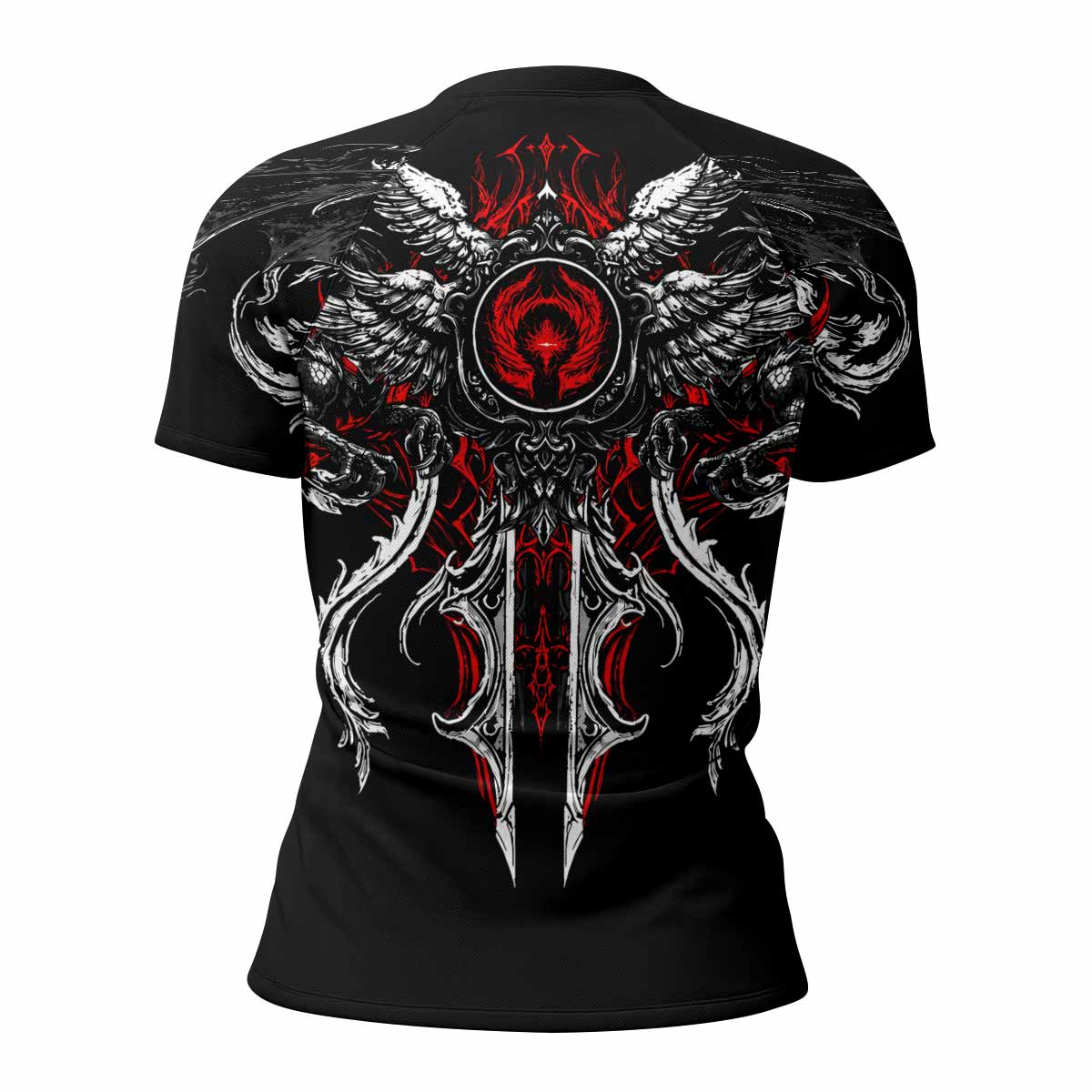 Crimson Seraphim Women's Rash Guard Short Sleeve - back view mockup