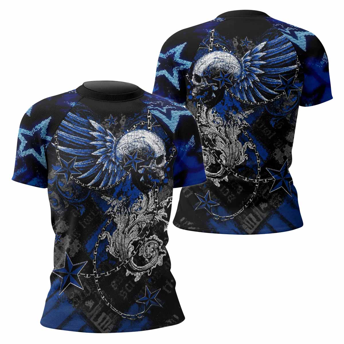 Blue Winged Skull Women's Rash Guard Short Sleeve - front and back view