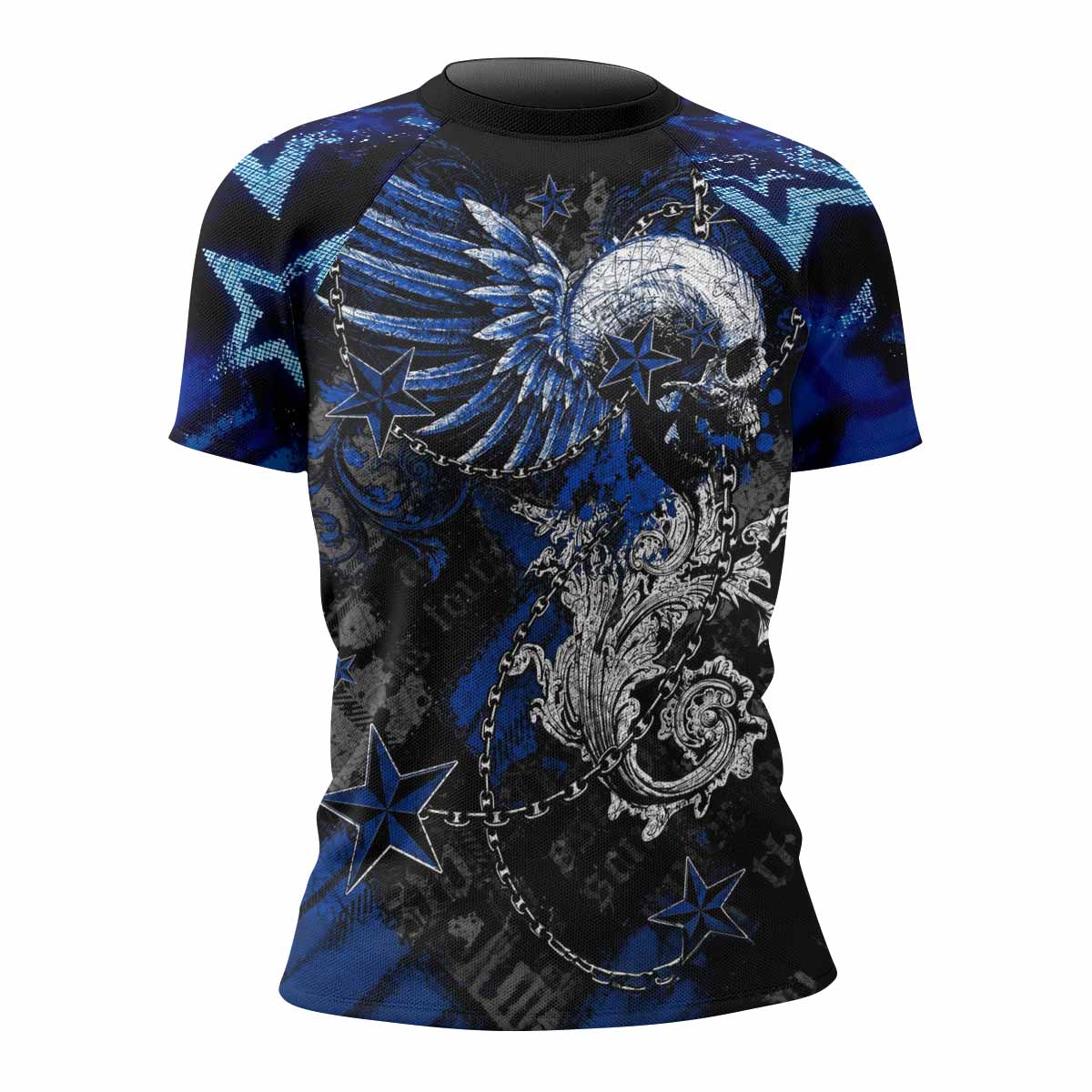 Blue Winged Skull Women's Rash Guard Short Sleeve - front view mockup