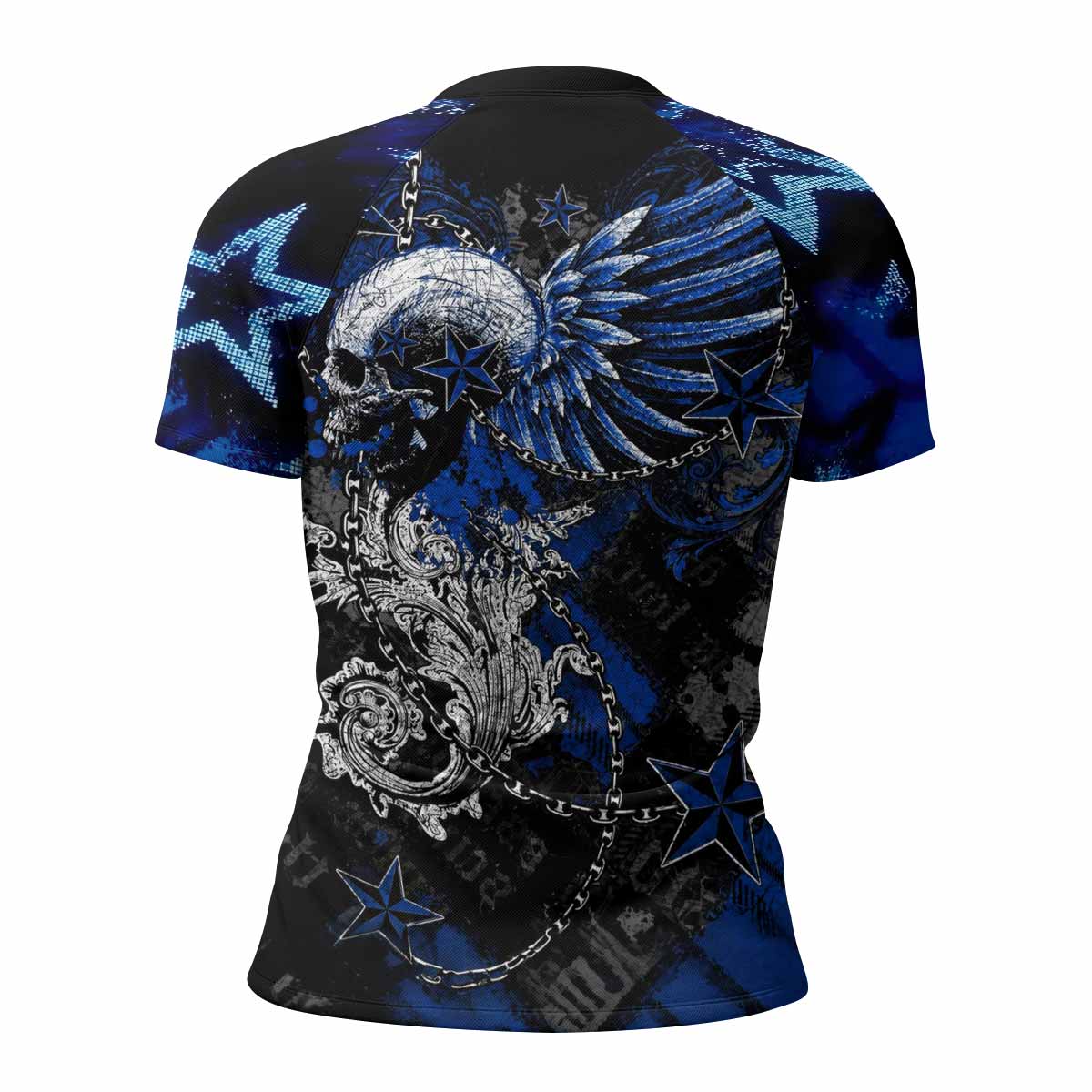Blue Winged Skull Women's Rash Guard Short Sleeve - back view mockup