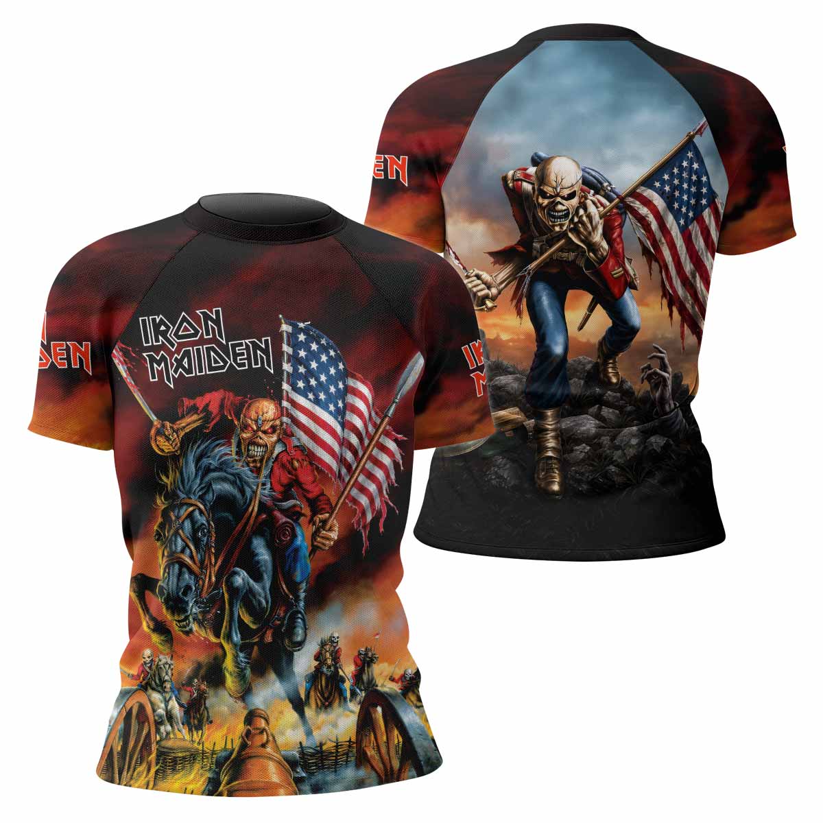 Iron Maiden American Flag Women's Rash Guard Short Sleeve - front and back view