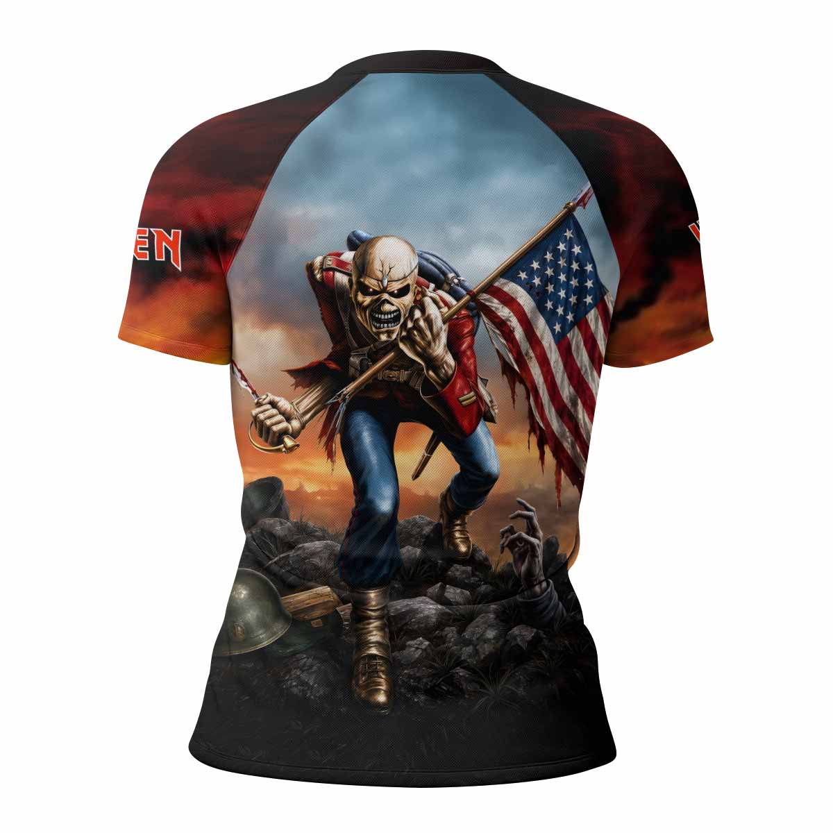 Iron Maiden American Flag Women's Rash Guard Short Sleeve - back view mockup