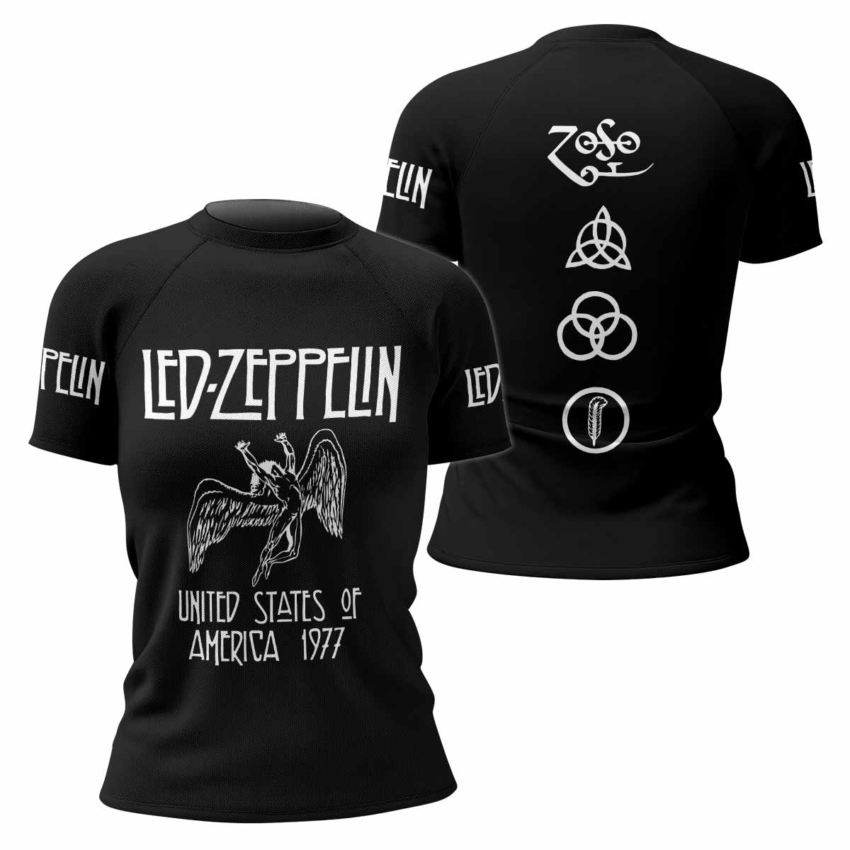 Led Zeppelin North American Tour 1977 Women's Rash Guard Short Sleeve - front and back view