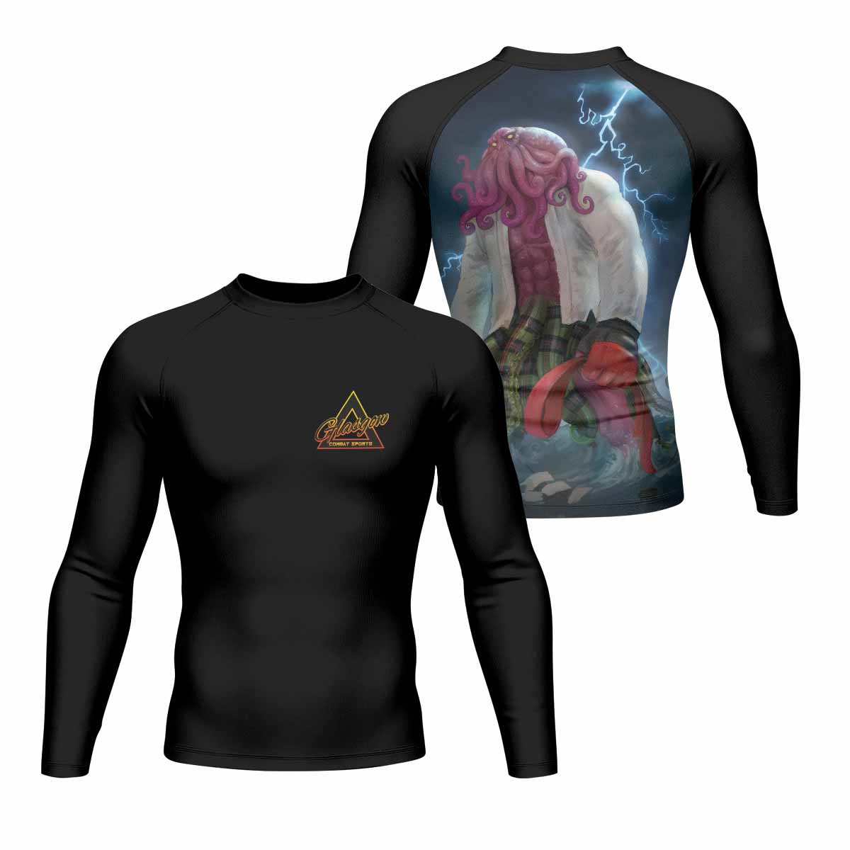 Red Ranked Cthulhu Men's Rash Guard Long Sleeve – front and back view