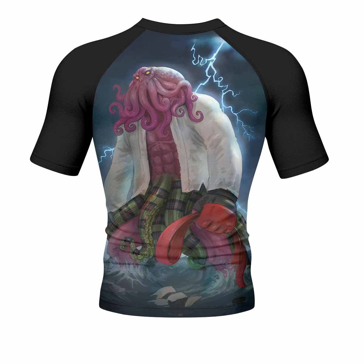 Red Ranked Cthulhu Men's Rash Guard Short Sleeve – back view mockup 
