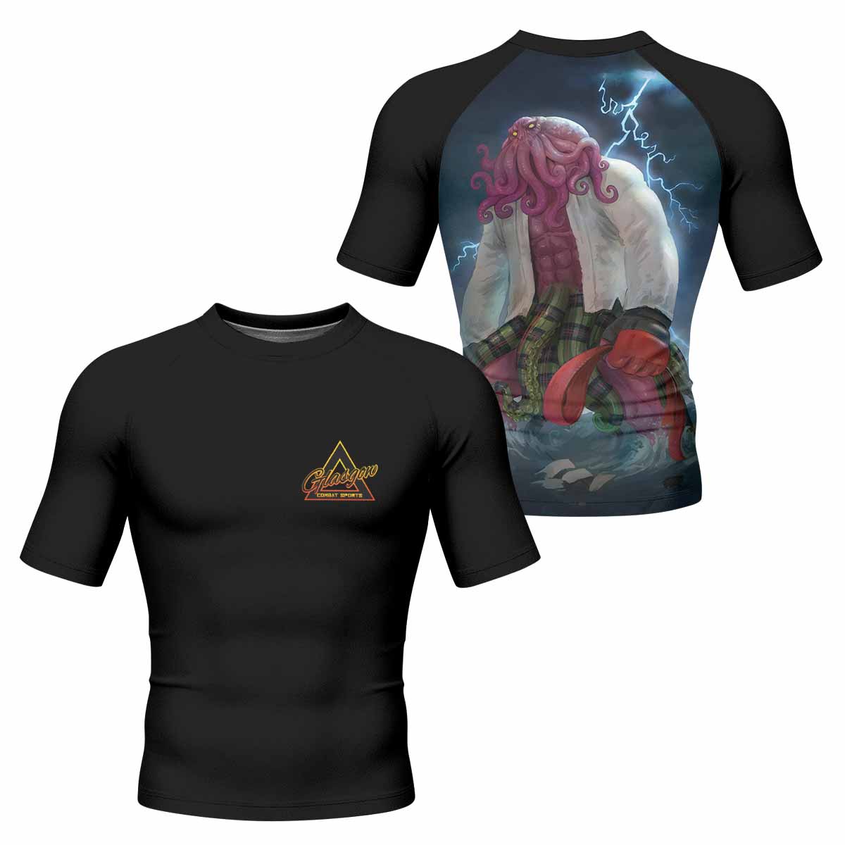 Red Ranked Cthulhu Men's Rash Guard Short Sleeve – front and back view