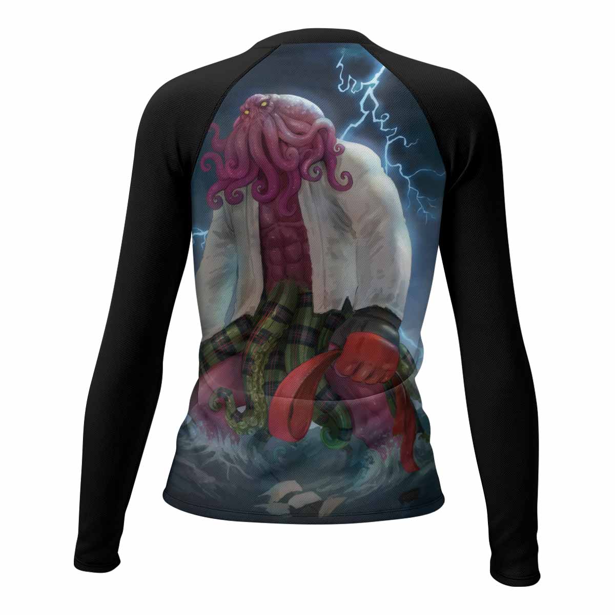 Red Ranked Cthulhu Women's Rash Guard Long Sleeve – back view mockup 