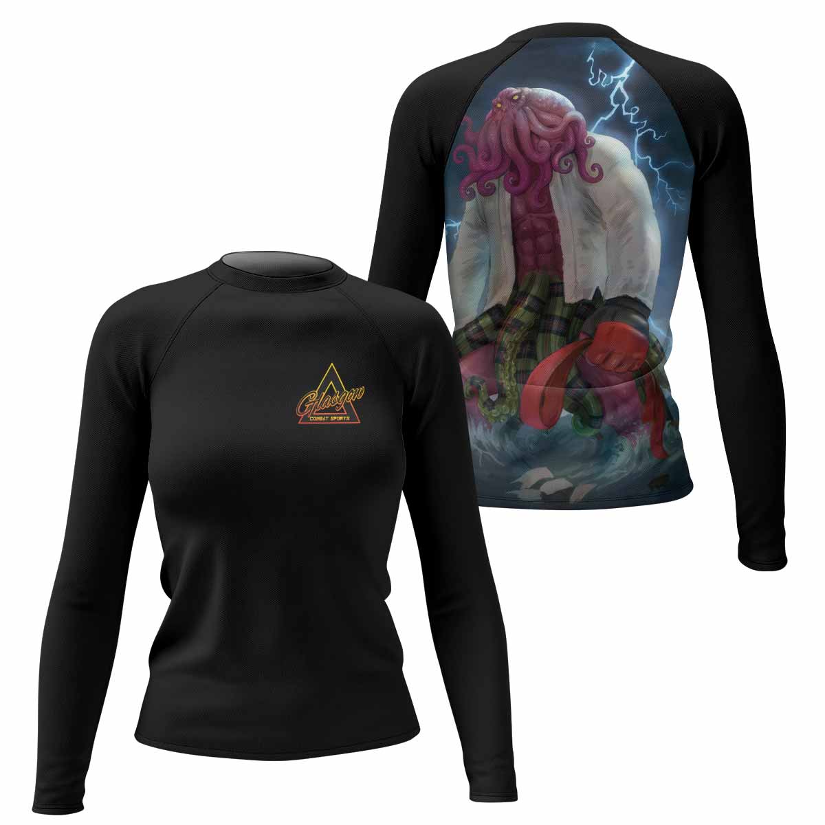 Red Ranked Cthulhu Women's Rash Guard Long Sleeve – front and back view