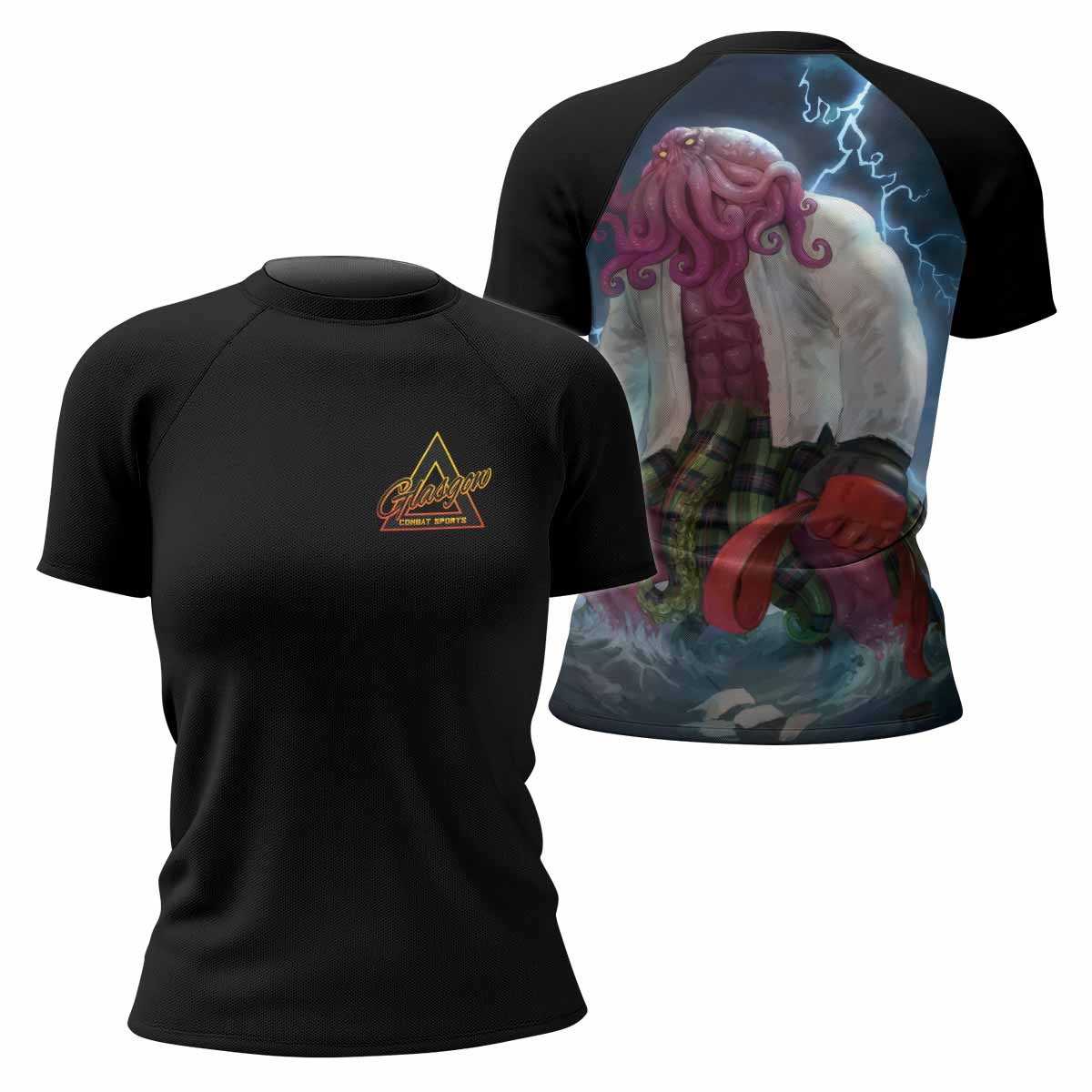 Red Ranked Cthulhu Women's Rash Guard Short Sleeve – front and back view