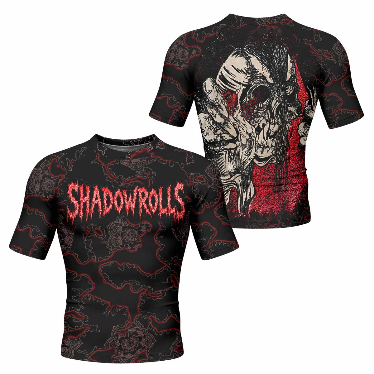 Crimson Hollow Skull Men's Rash Guard Short Sleeve - front and back view