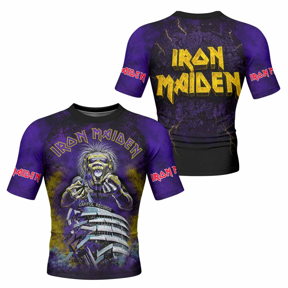 Iron Maiden Capitol Chaos Eddie Men's Rash Guard Short Sleeve - front and back view