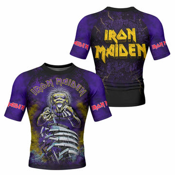 Iron Maiden Capitol Chaos Eddie Men's Rash Guard Short Sleeve - front and back view