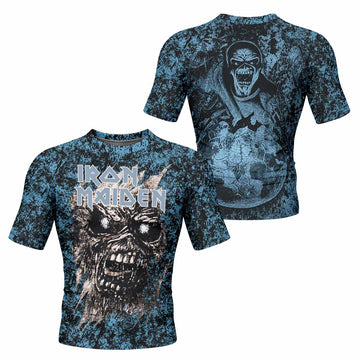 Iron Maiden Fear Reaper Eddie Men's Rash Guard Short Sleeve - front and back view