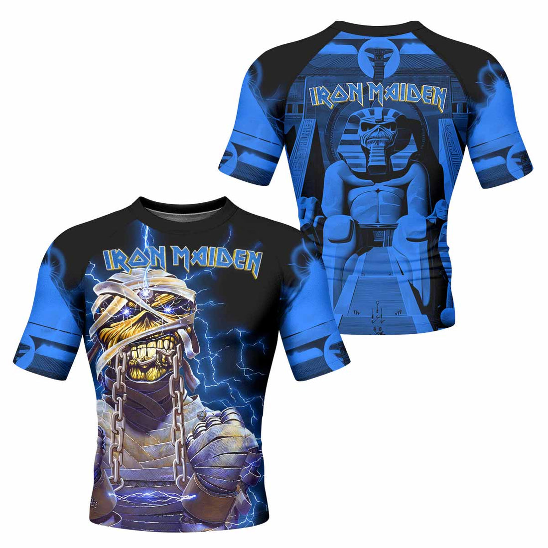 Iron Maiden Powerslave Mummy Eddie Men's Rash Guard Short Sleeve - front and back view