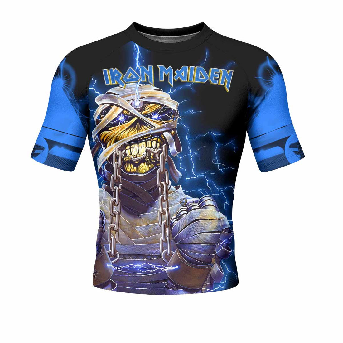Iron Maiden Powerslave Mummy Eddie Men's Rash Guard Short Sleeve - front and back view