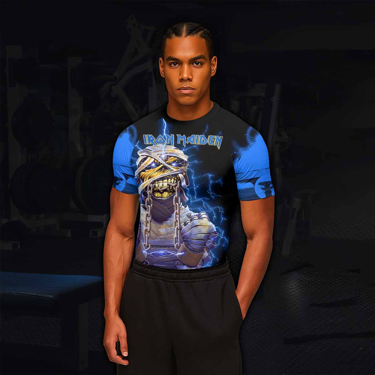 Iron Maiden Powerslave Mummy Eddie Men's Rash Guard Short Sleeve - lifestyle view