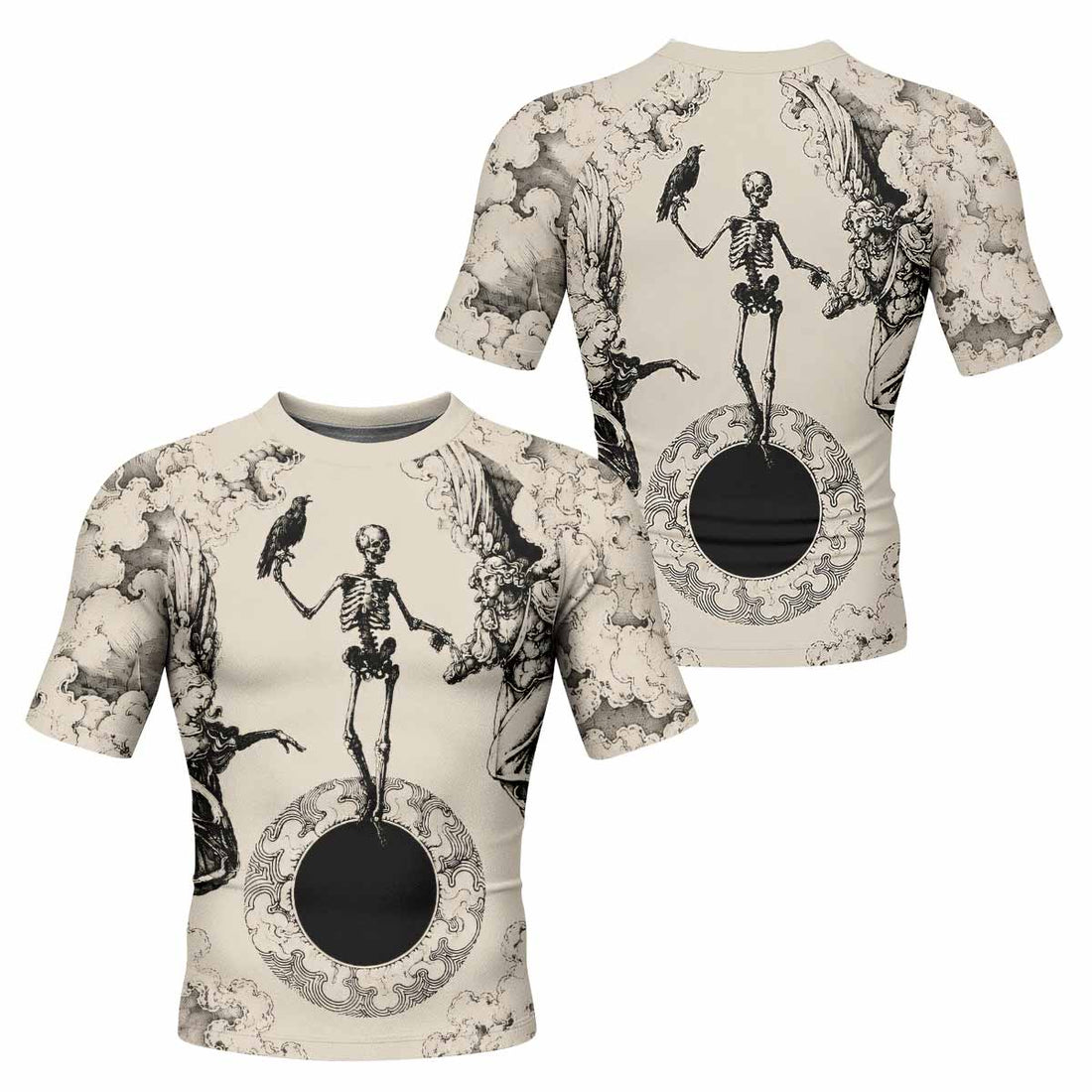 Celestial Memento Mori Men's Rash Guard Short Sleeve - front and back view