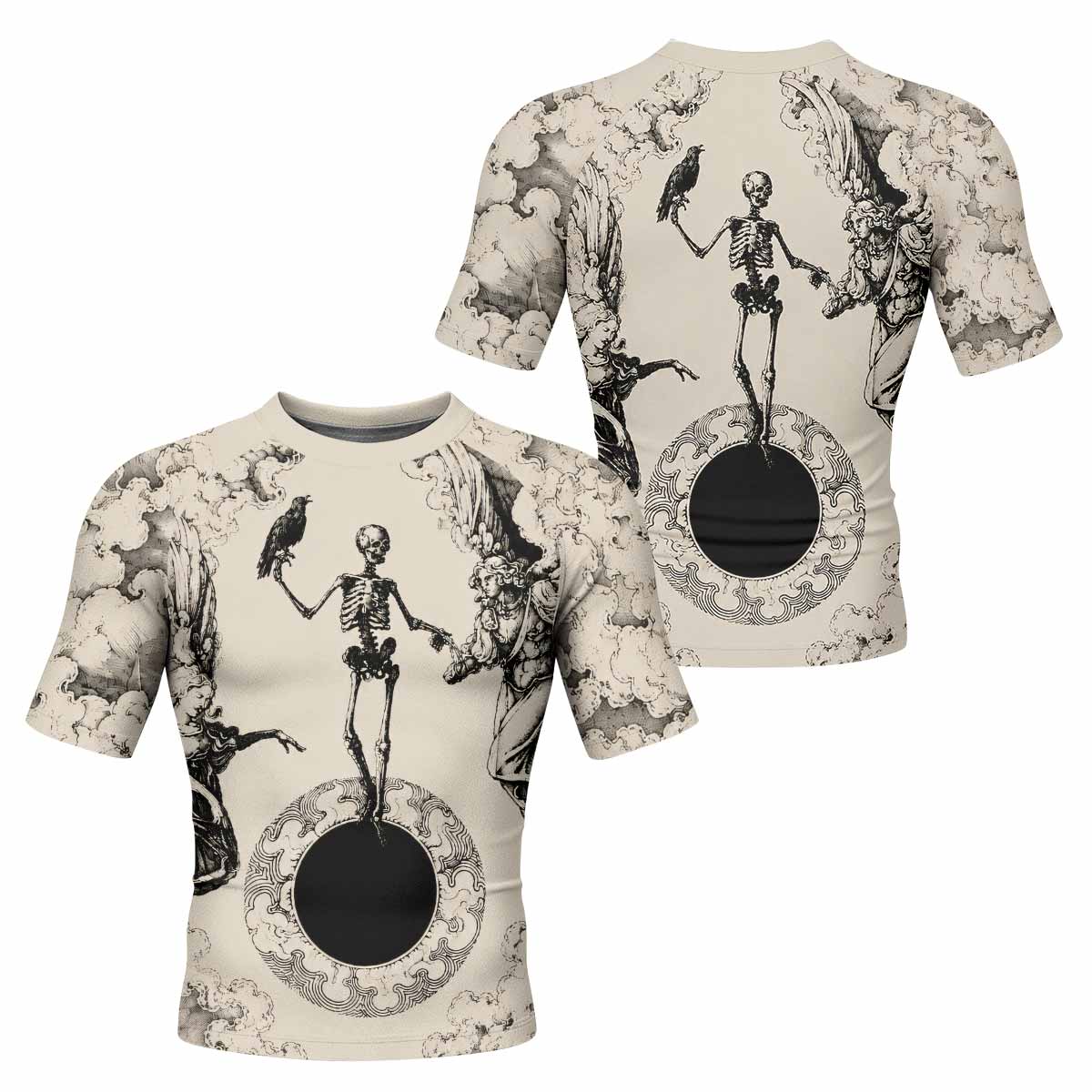 Celestial Memento Mori Men's Rash Guard Short Sleeve - front and back view