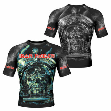 Iron Maiden Aces High Eddie Pilot Men's Rash Guard Short Sleeve - front and back view
