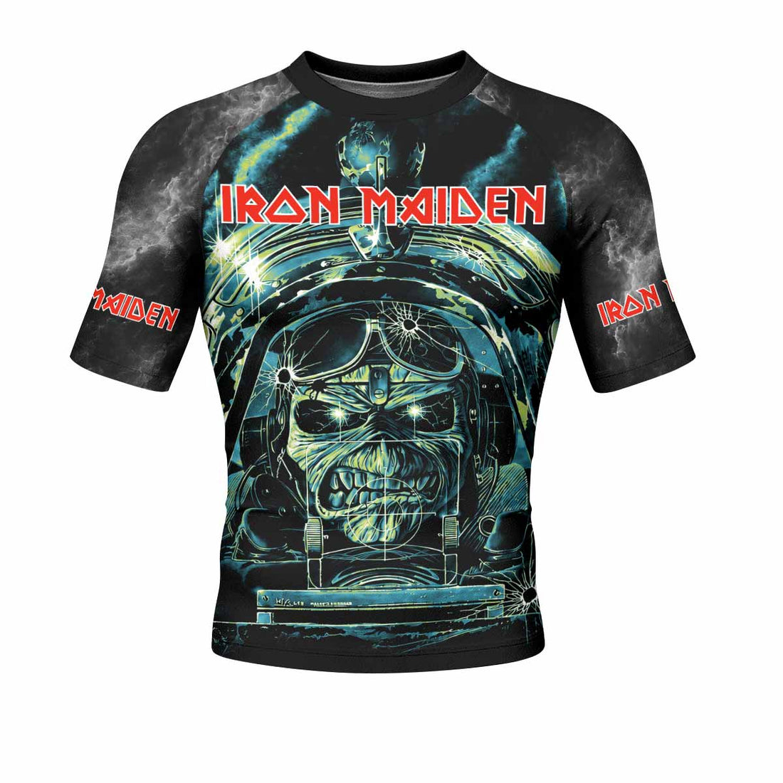 Iron Maiden Aces High Eddie Pilot Men's Rash Guard Short Sleeve - front and back view