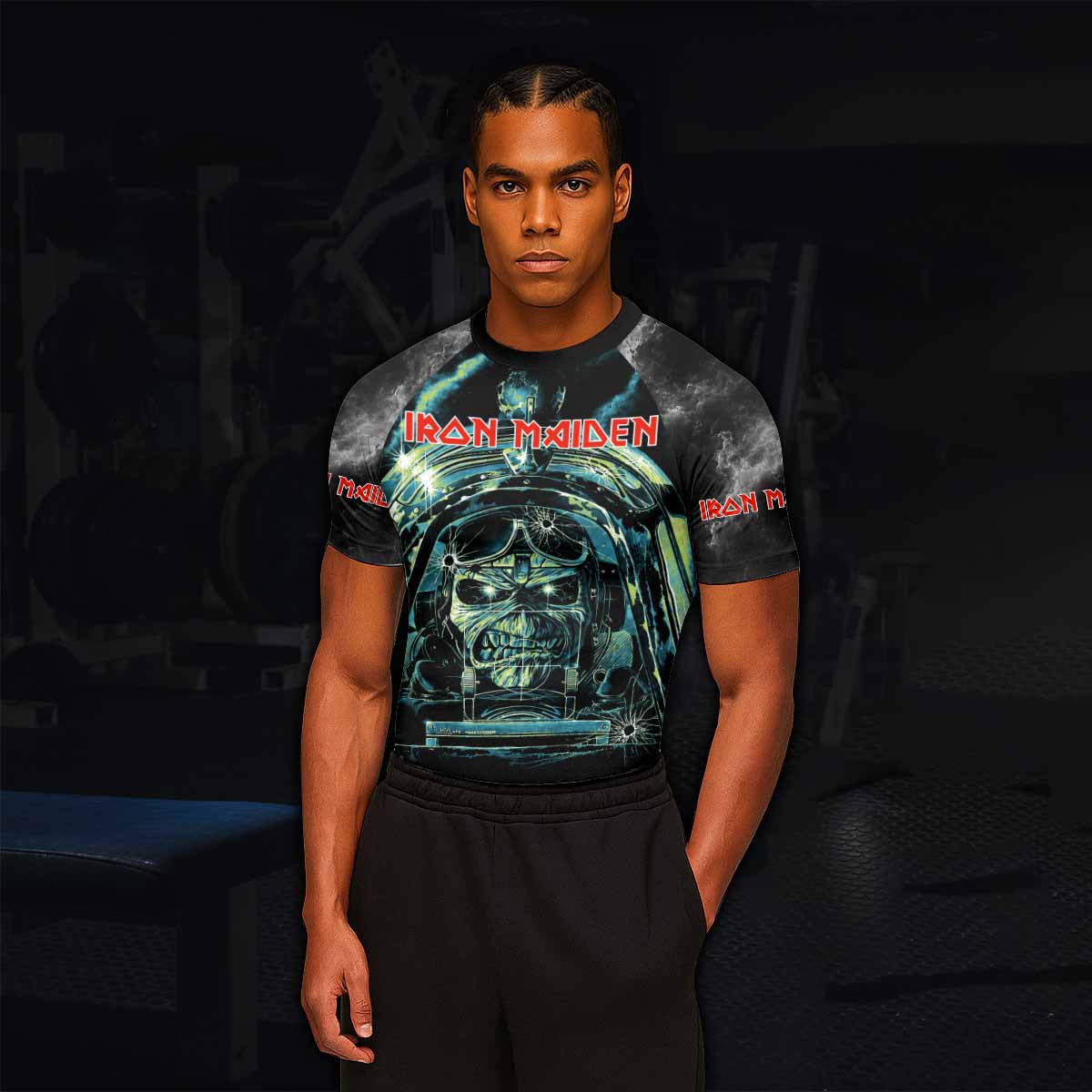 Iron Maiden Aces High Eddie Pilot Men's Rash Guard Short Sleeve - lifestyle view