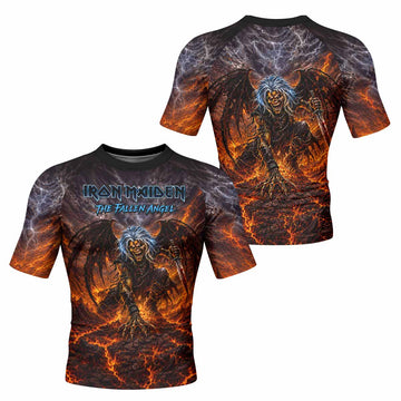 Iron Maiden The Fallen Angel Eddie Men's Rash Guard Short Sleeve - front and back view