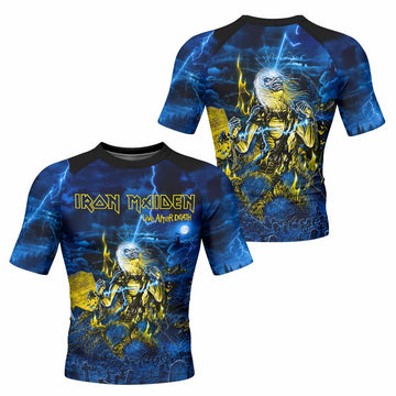 Iron Maiden Live After Death Eddie Men's Rash Guard Short Sleeve - front and back view